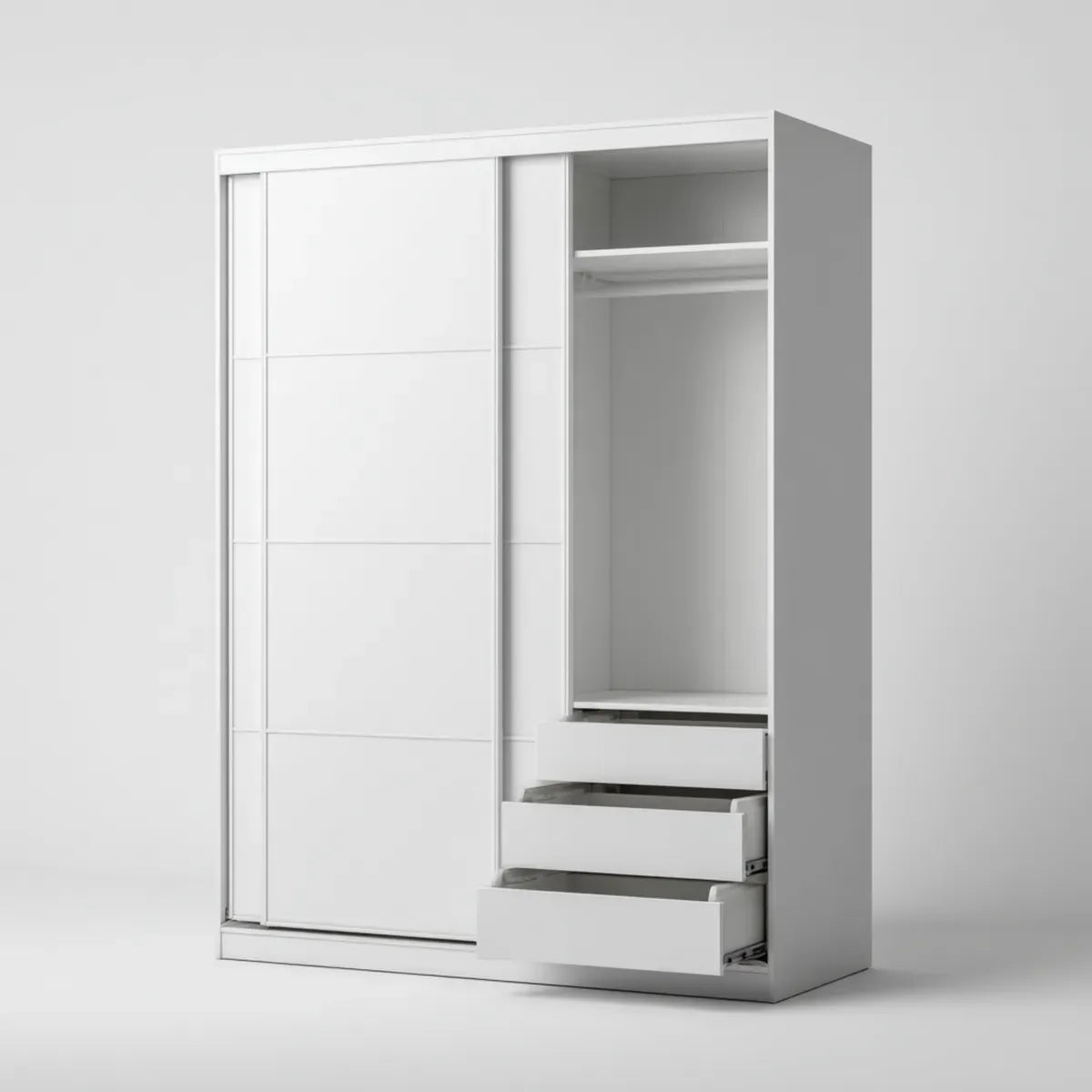 Schwebetürenschrank Weiß 120 x 60 x 200 cm aus melaminharzbeschichteter Spanplatte mit 2 Schiebetüren und 3 Schubladen