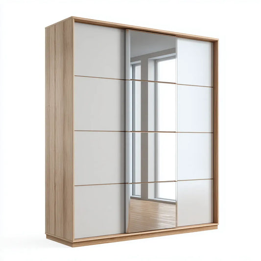 Schwebetürenschrank Weiß Eiche hell 180 x 60 x 200 cm Spanplatte mit Spiegel rechteckig
