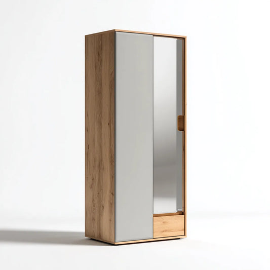 Kleiderschrank 2-türig Eiche Natur Grau mit Spiegel 100 x 55 x 200 cm aus MDF und Spiegelglas rechteckig