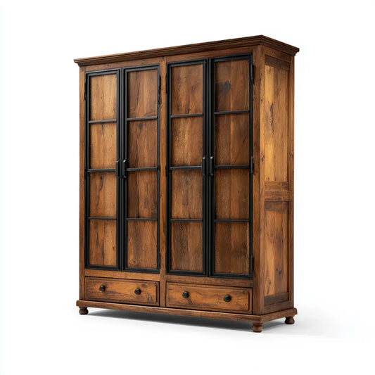 Kleiderschrank 4-türig Braun Schwarz 140 x 60 x 200 cm Kiefer-Massivholz Stahl rechteckig mit 2 Schubladen