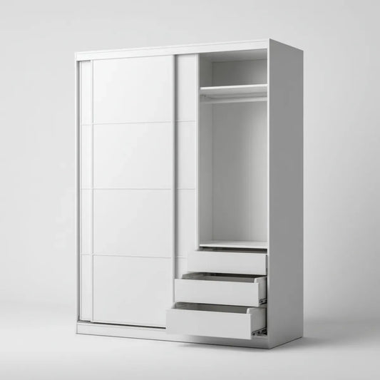 Schwebetürenschrank Weiß 120 x 60 x 200 cm aus melaminharzbeschichteter Spanplatte mit 2 Schiebetüren und 3 Schubladen