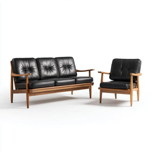 Sofagarnitur mit 3-Sitzer Sofa und Sessel Schwarz Braun PU-Kunstleder Massivholz Sofa 188 x 78 x 82 cm Sessel 76 x 78 x 82 cm