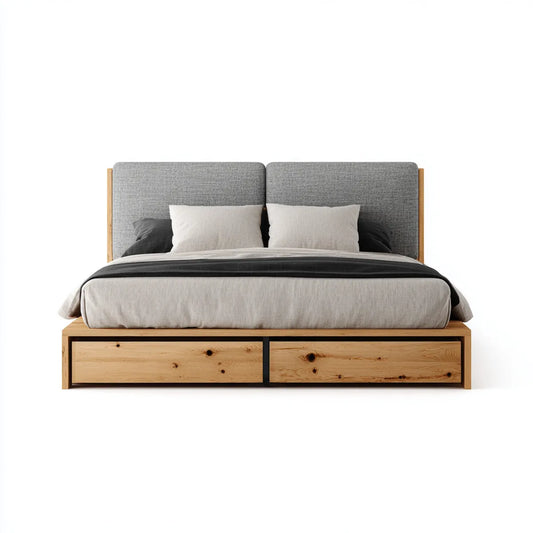 Doppelbett mit 2 Schubladen Grau Natur 180 x 200 cm Kiefernholz Polyester rechteckig